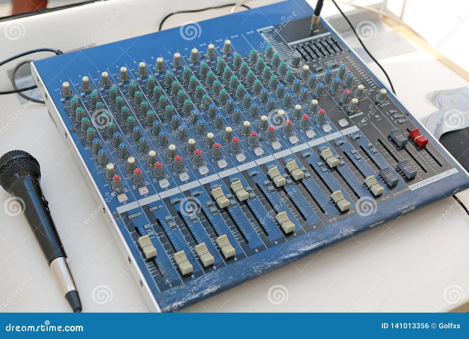 Sound Levels on a Professional Audio Mixer with Microphone, Music
