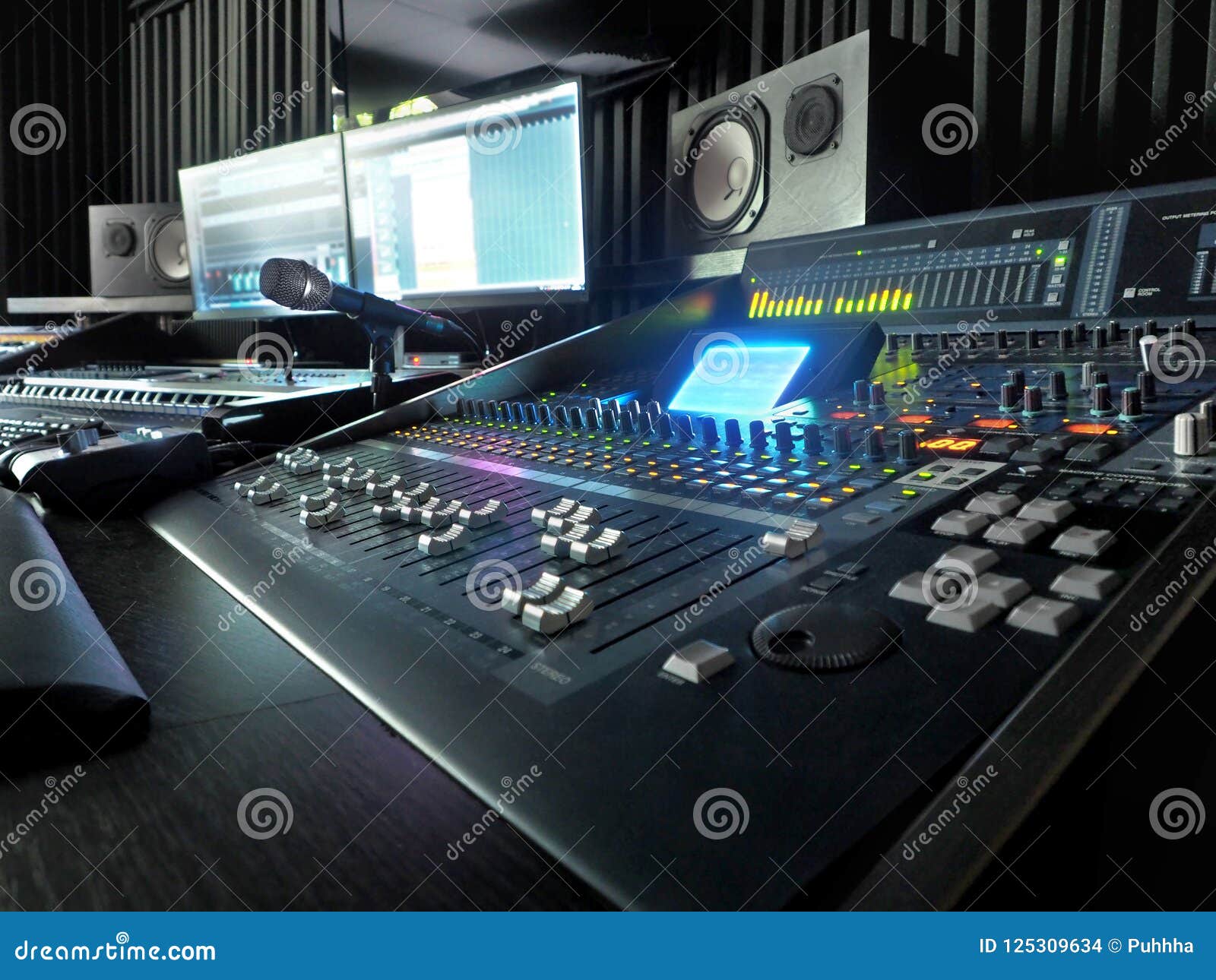 sound recording studio with music recording equipment