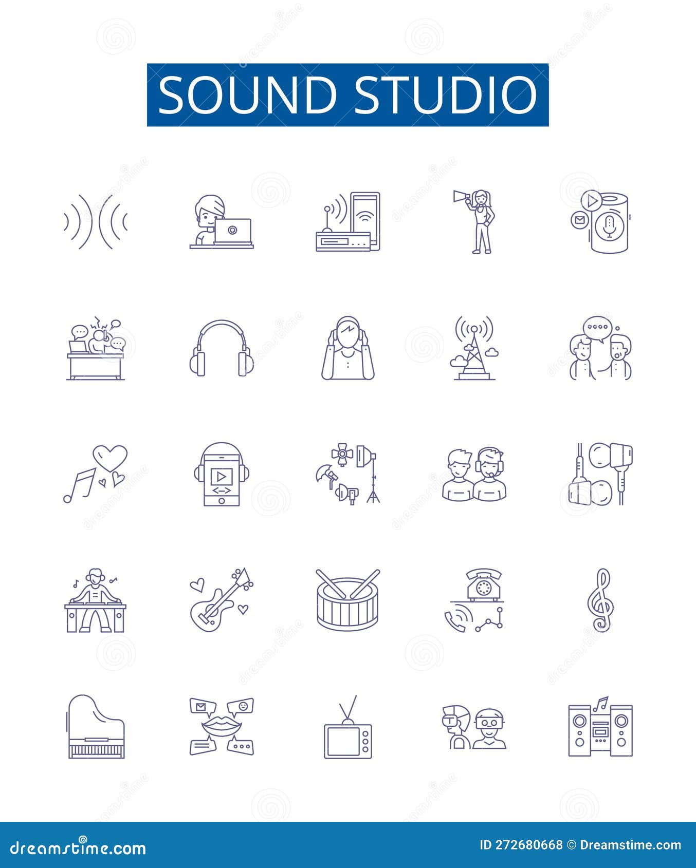 sound studio line icons signs set.  collection of recording, mixing, music, soundstage, microphone, producer