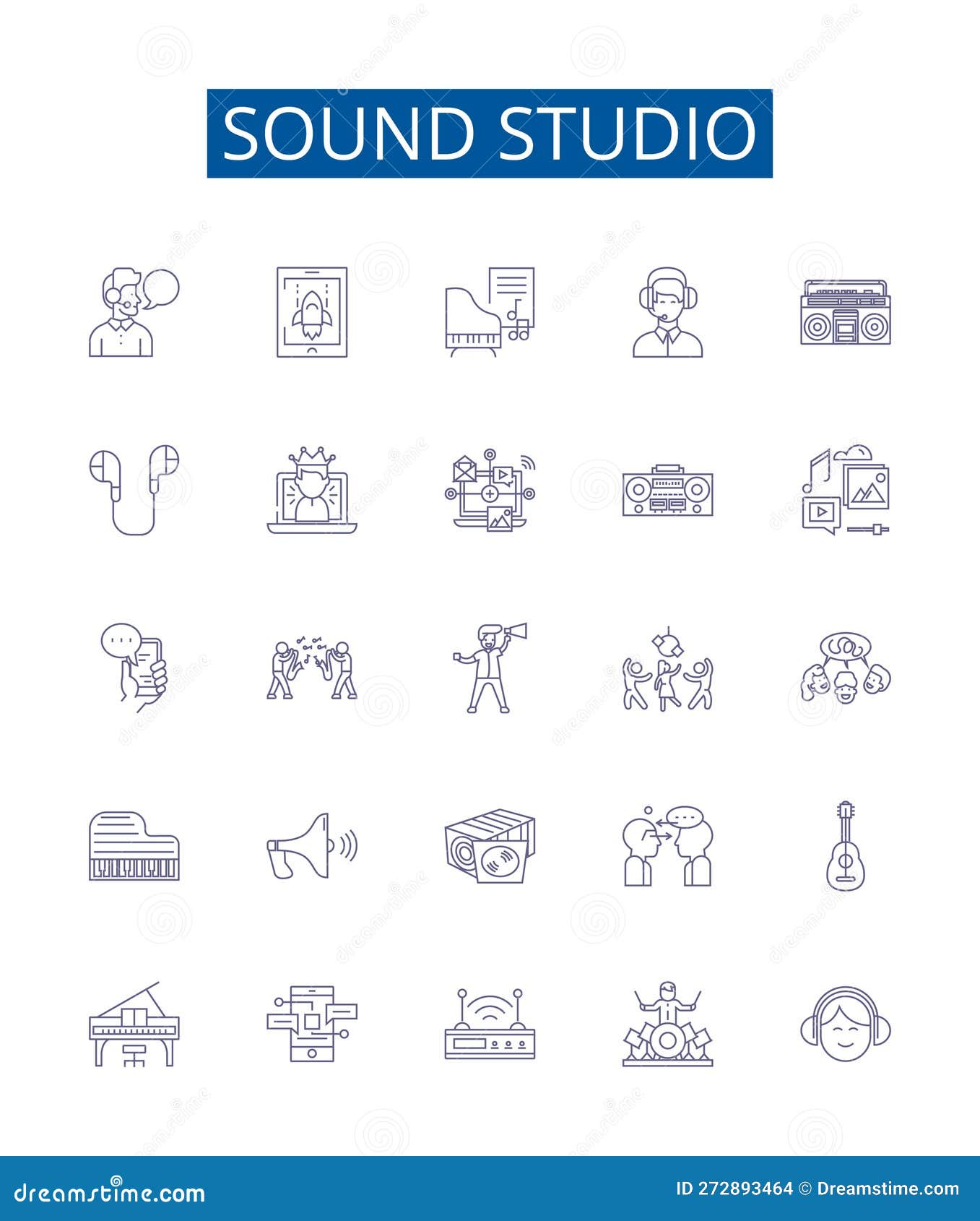 sound studio line icons signs set.  collection of recording, mixing, music, soundstage, microphone, producer