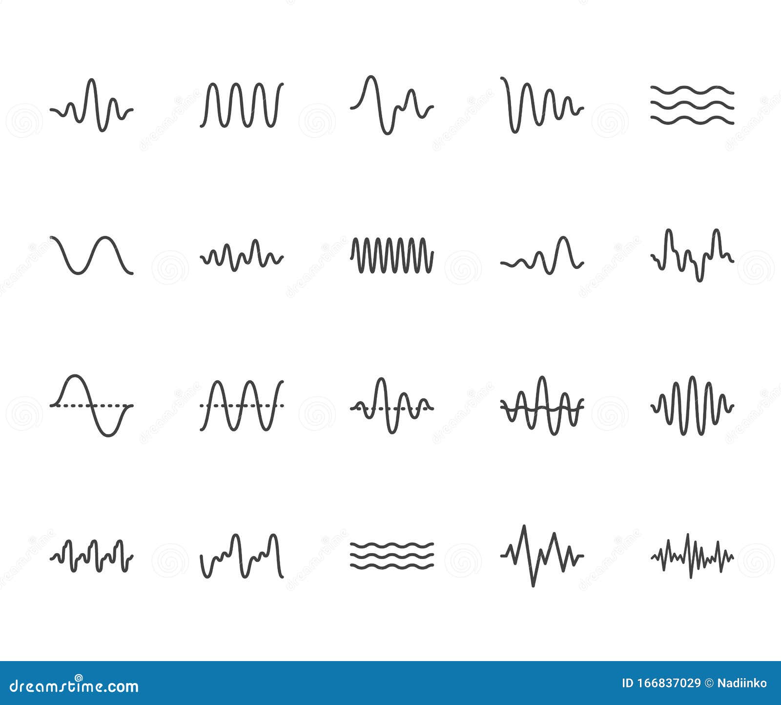 sound waves flat line icons set. vibration, soundwave, audio voice signal, abstract waveform frequency 