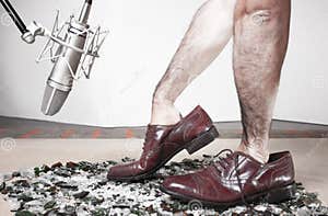 Soundman Hands Inside Old Dress Male Shoes With Studio Microphone Soundman Hands Inside Old Dress Male Shoes With Studio Microphone