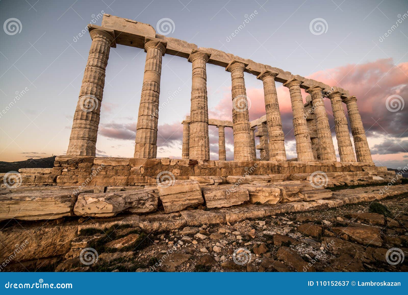 Sounion Temple De Poseidon En Grèce Heure Dor De Coucher