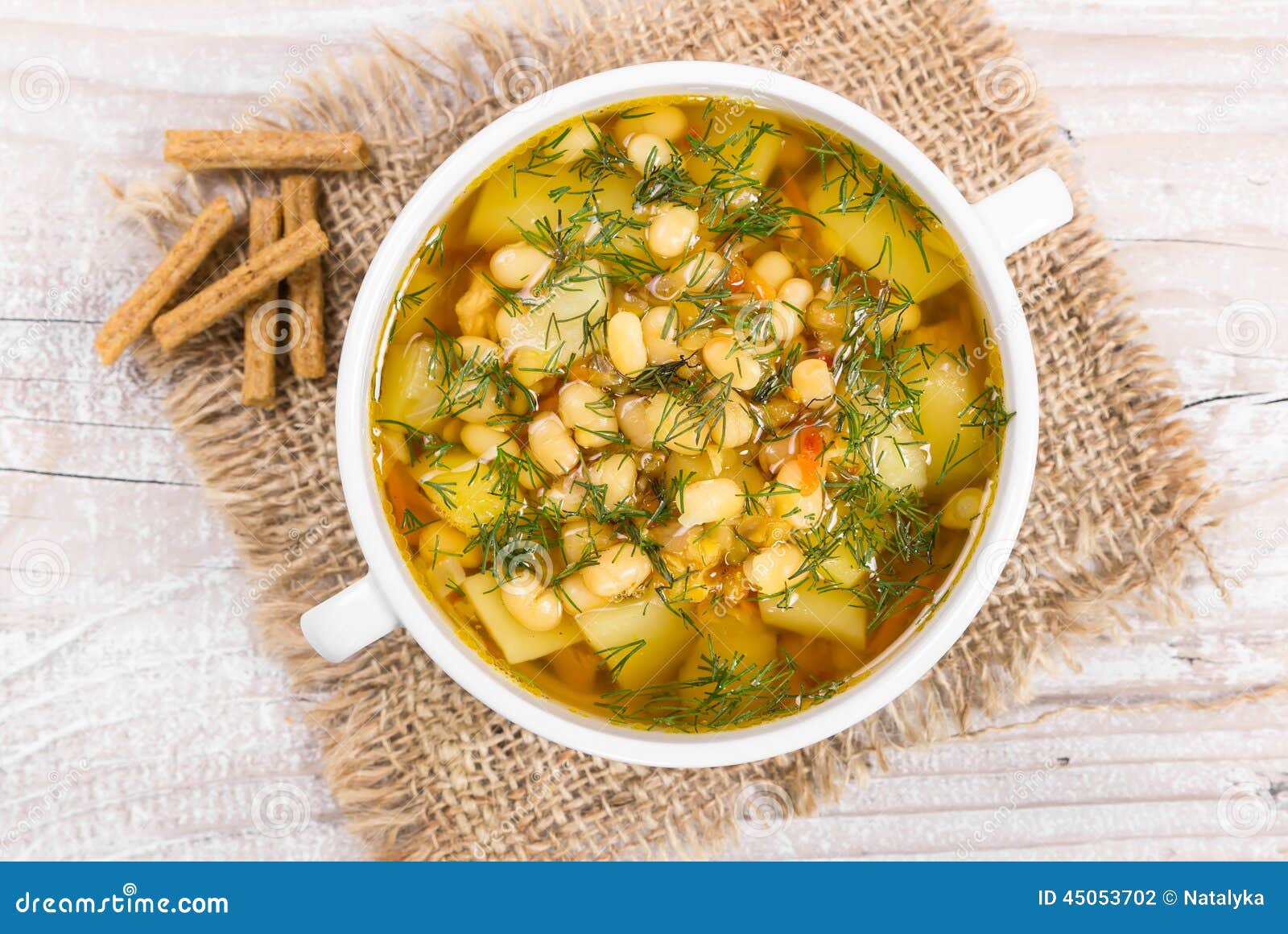 Soup with Beans with Dill in White Ceramic Bowl Stock Photo Image of