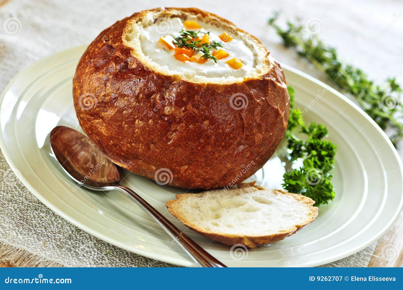 Soup in bread bowl stock image. Image of bread, edible 9262707