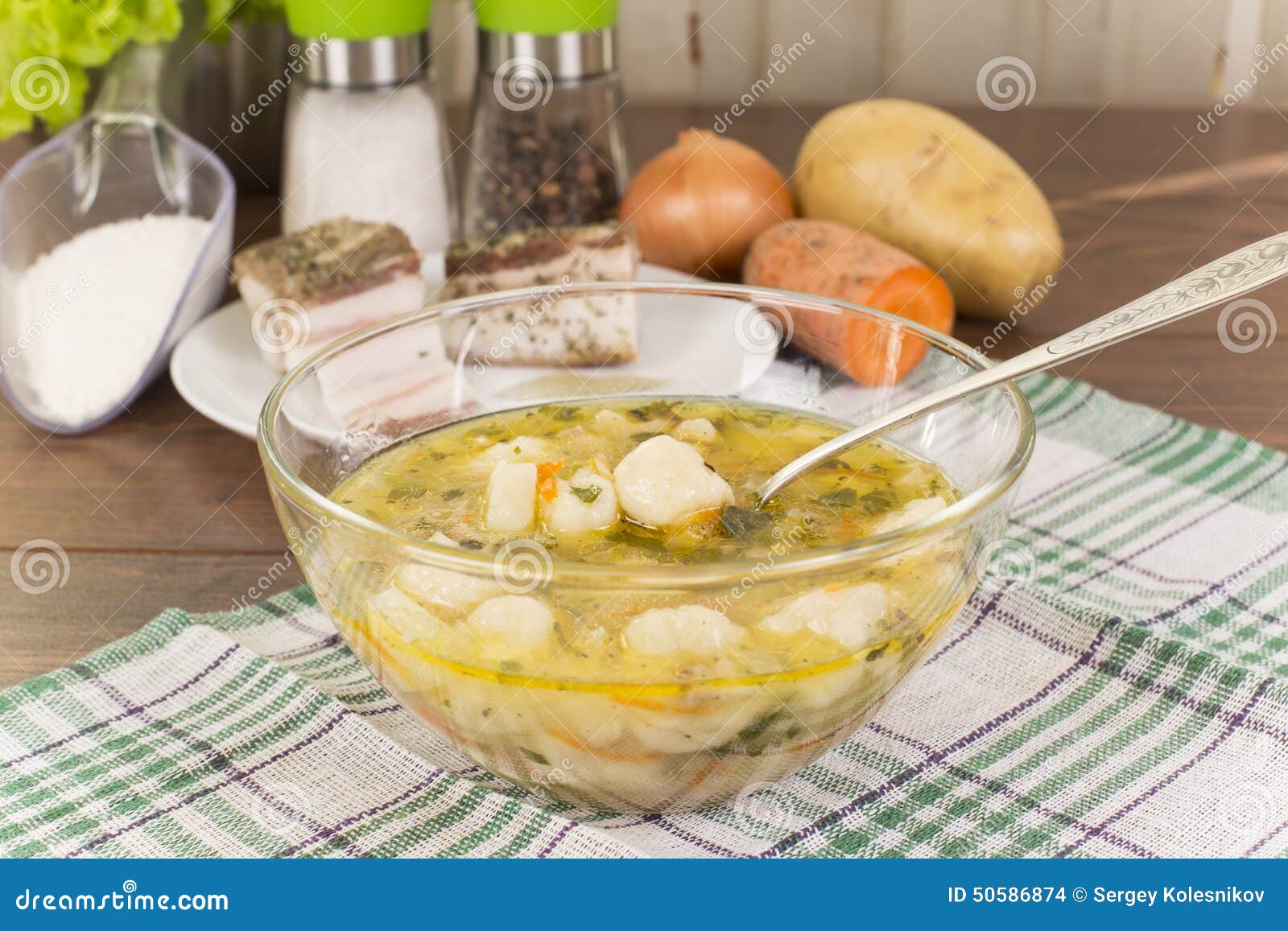 Soup with Dumplings and Ham Stock Photo Image of table, sunny 50586874