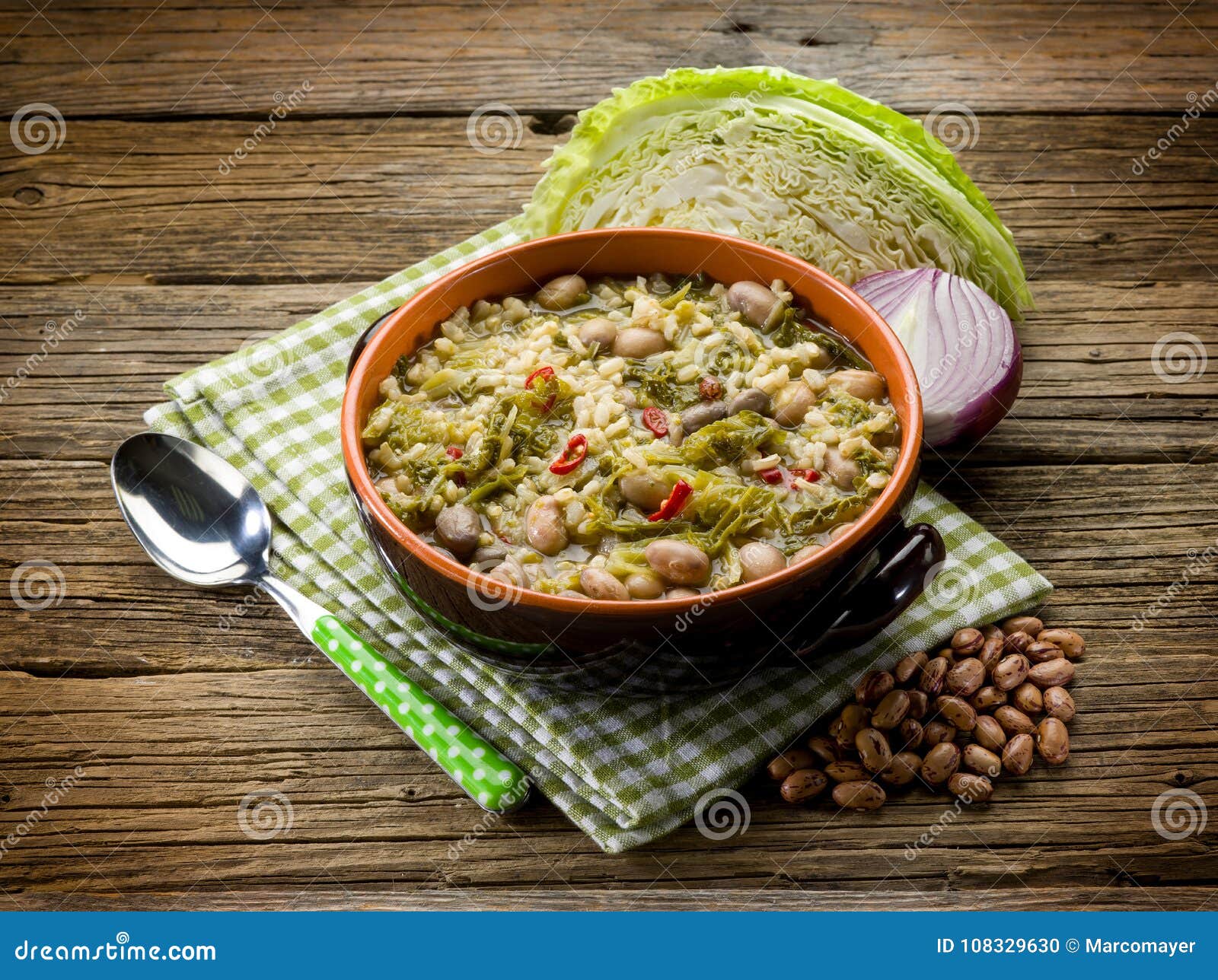 Soup with Rice Savoy Cabbage and Beans Stock Photo Image of recipe, onion 108329630