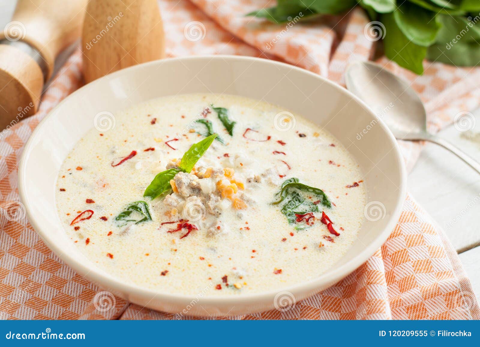 Soup with Sausages, Spinach, Vegetables and Coconut Milk Stock Image ...