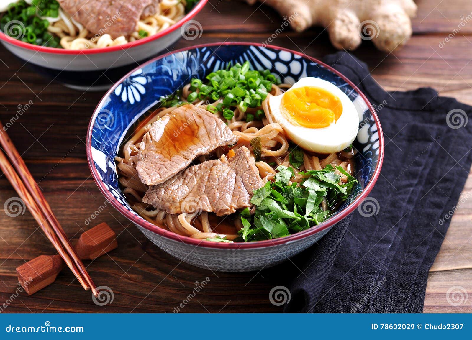 Soup with Soba Noodles, Beef, Ginger, Green Onions and Egg. Stock Image