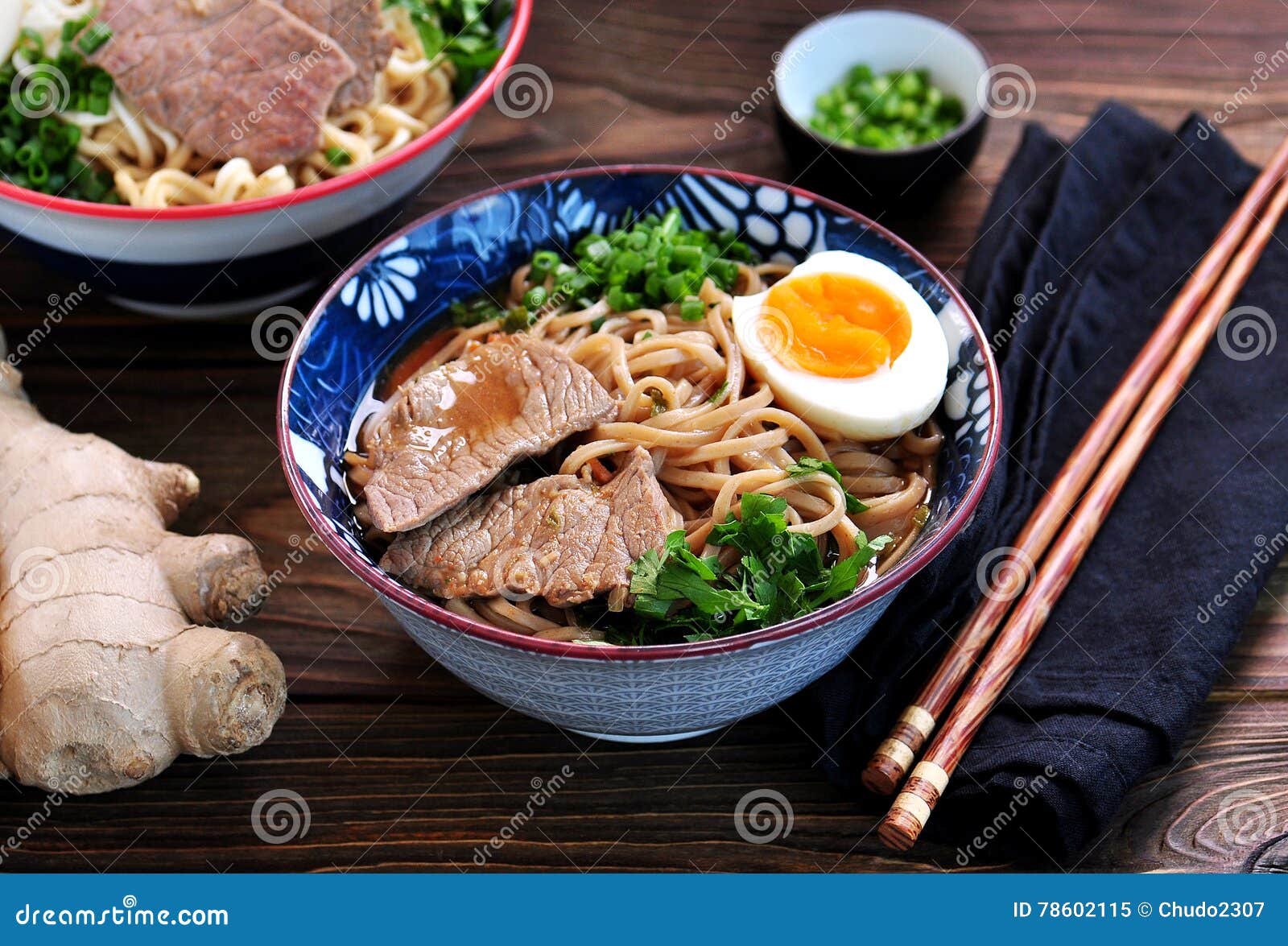 Soup with Soba Noodles, Beef, Ginger, Green Onions and Egg. Stock Image Image of lime, healthy