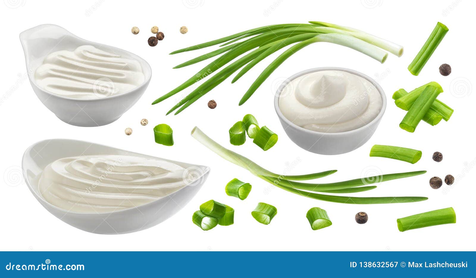 sour cream and chives  on white background, green onion with sour cream sauce