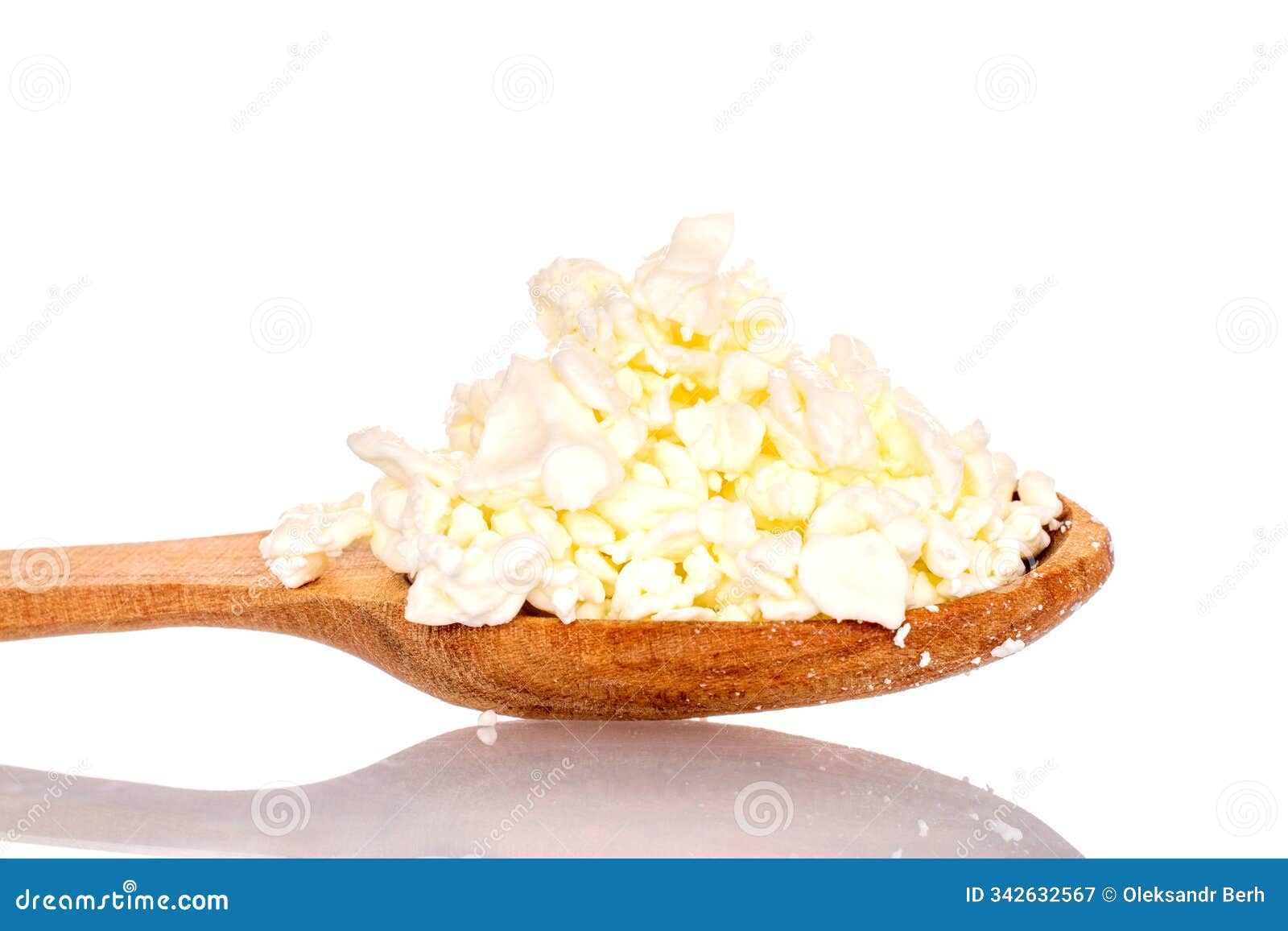 sour milk cheese with ceramic dish, macro,  on white background and top view.