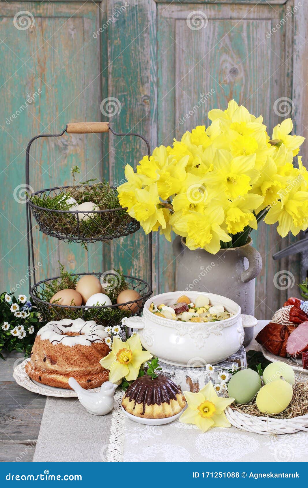 The Sour Rye Soup, Easter Cakes and Saussages on the Table Stock Photo