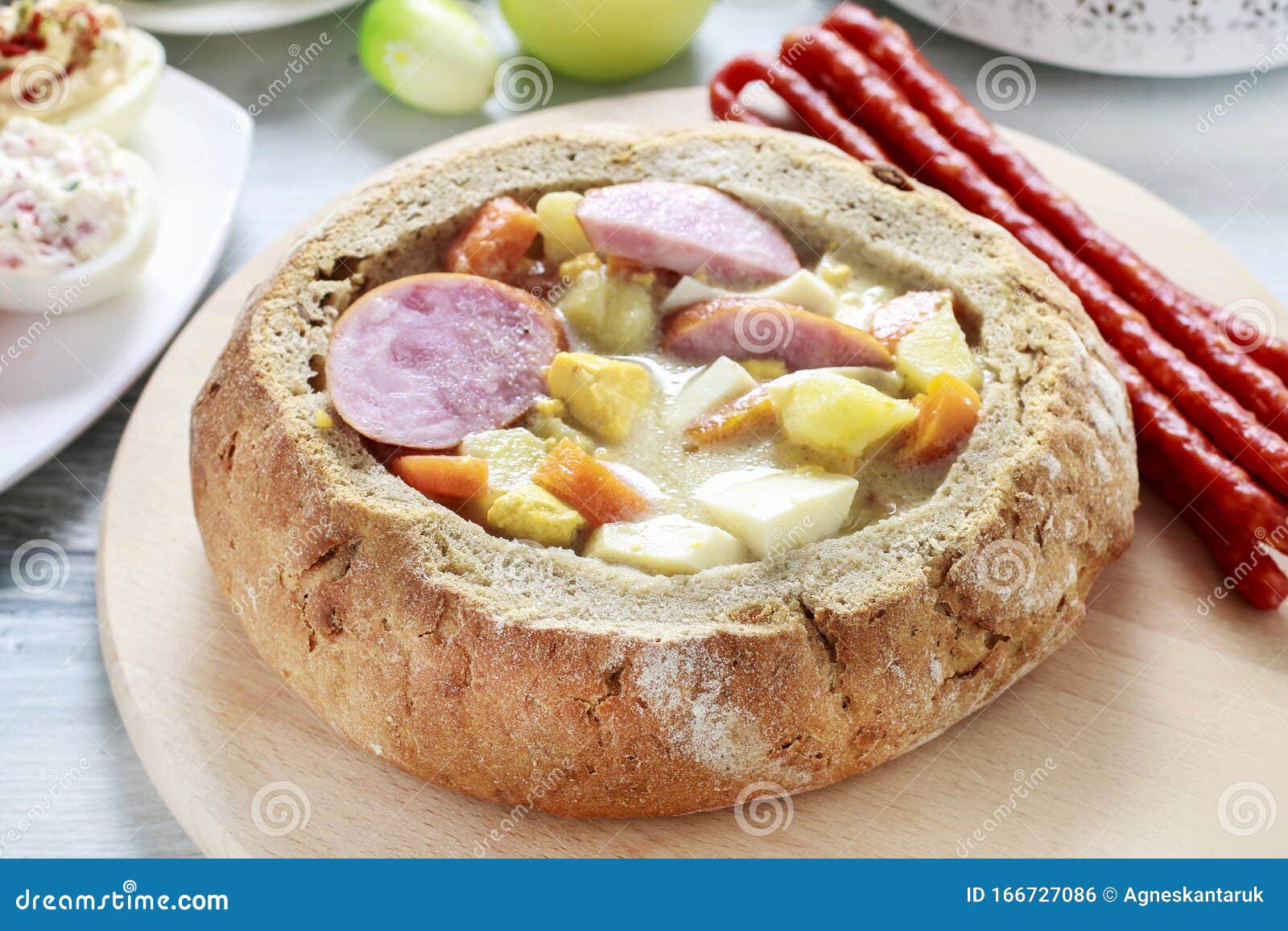 The Sour Rye Soup Inside Loaf of Bread Stock Photo Image of flour