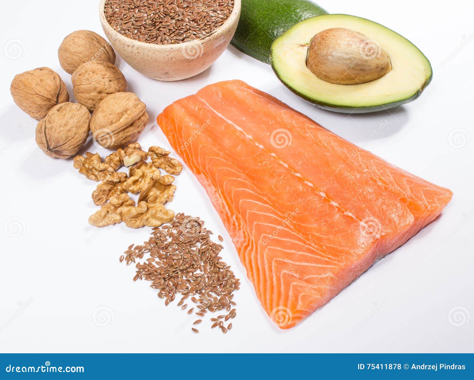 Sources of Omega 3 Fatty Acids Flaxseeds, Avocado, Salmon and Walnuts