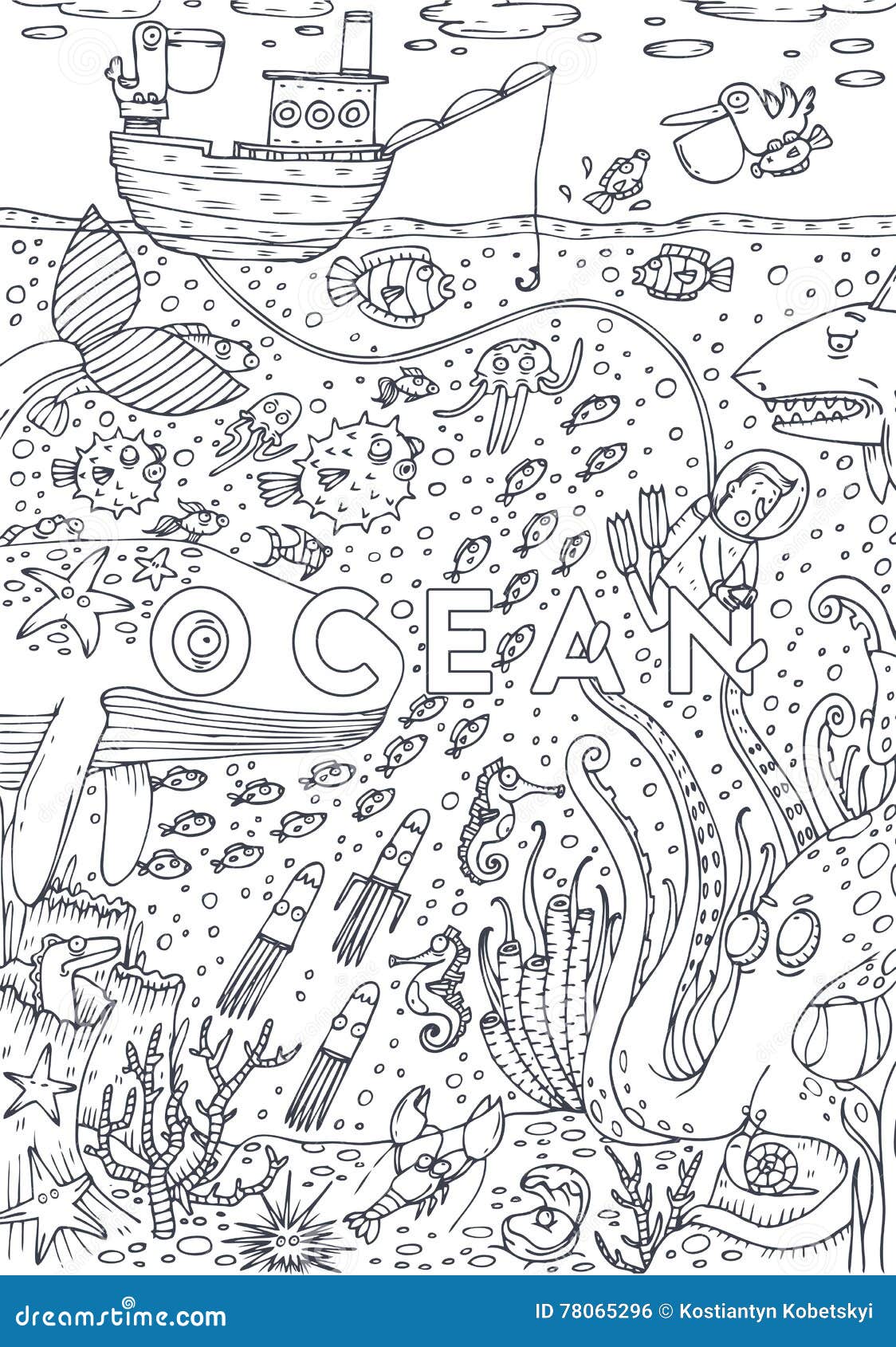 Sous La Vie Marine De L Eau Dessinee Dans Style De Schema Conception De Page De Livre De Coloriage Illustration De Vecteur Illustration Du Dessin Image 78065296