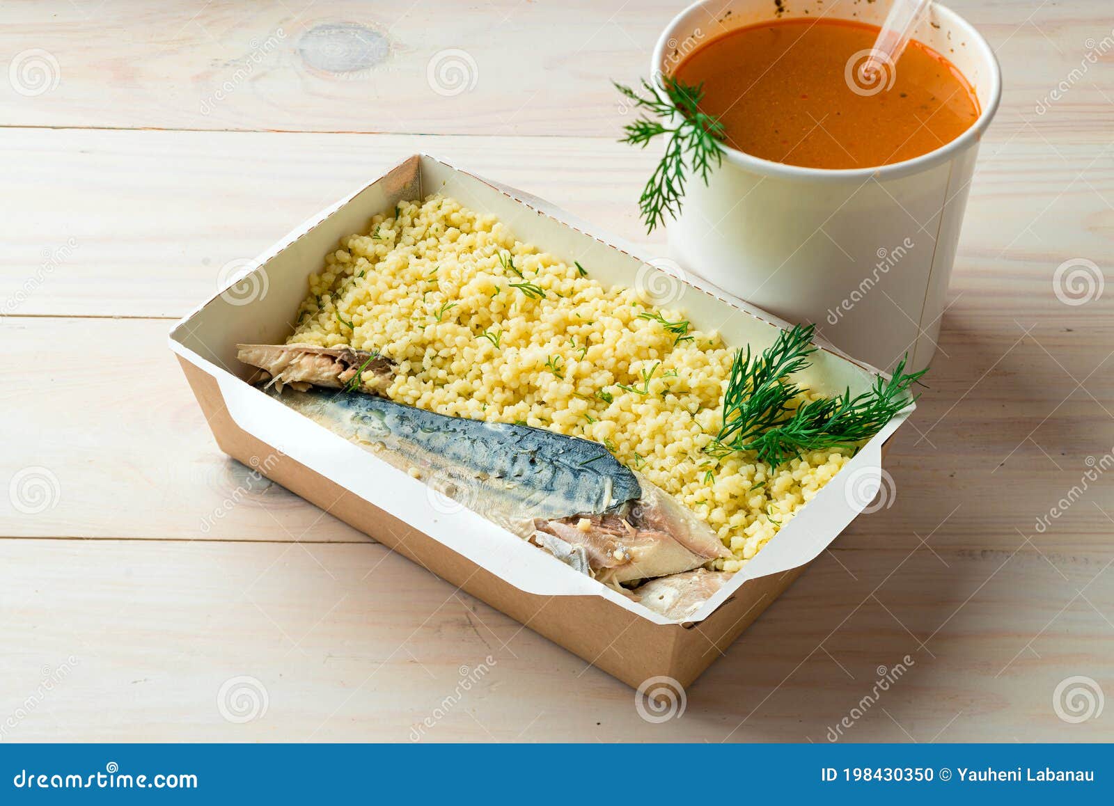 Sous Vide Mackerel Fish and Couscous in a Takeaway Box Stock Photo