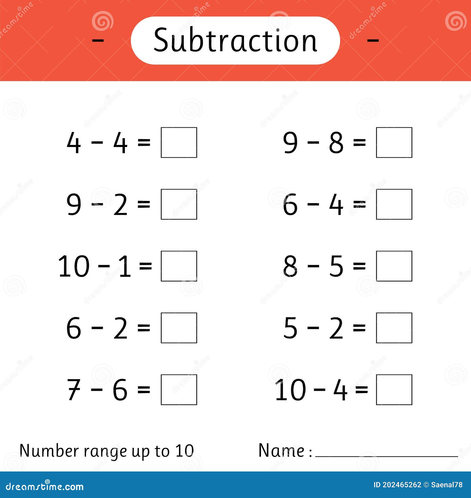 Soustraction. Gamme Jusqu'à 10 Numérique. Mathématiques. Feuille