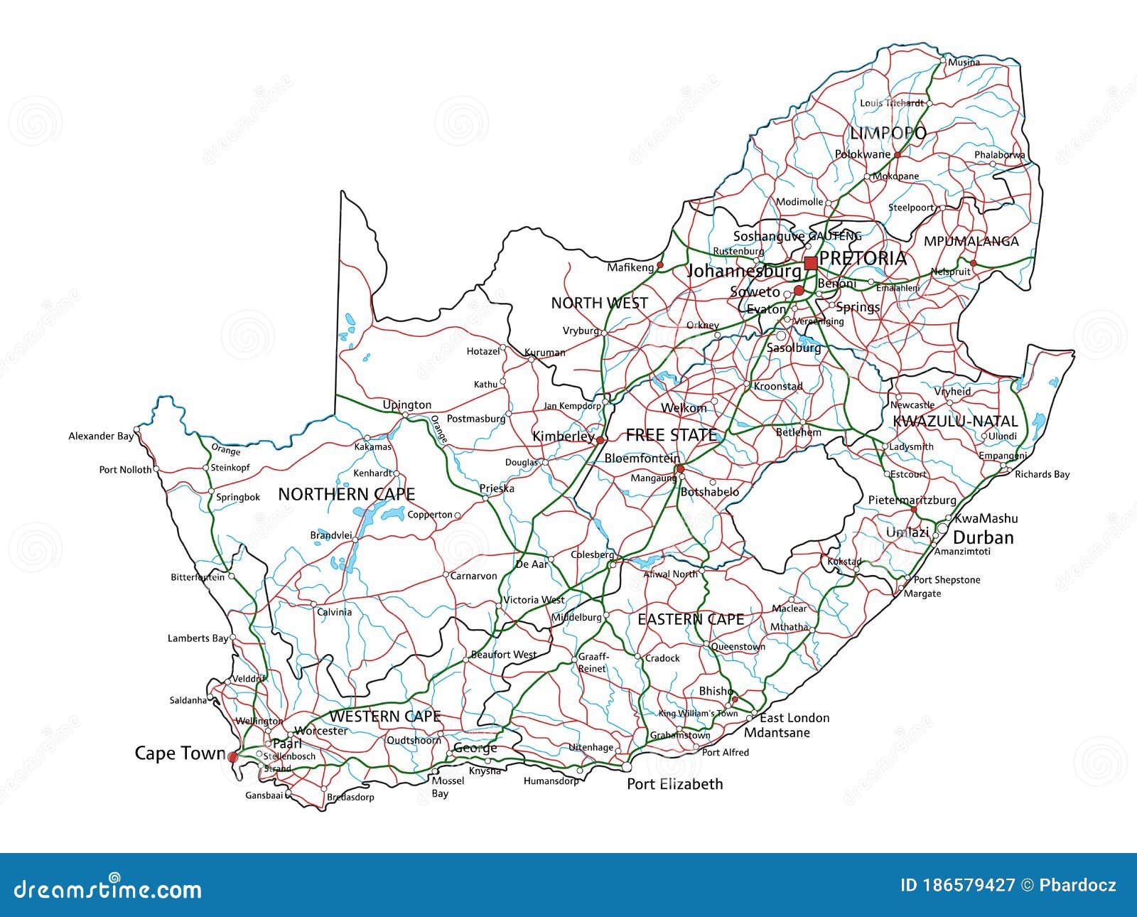 High Detailed South Africa Highway Map. Stock Vector Illustration of