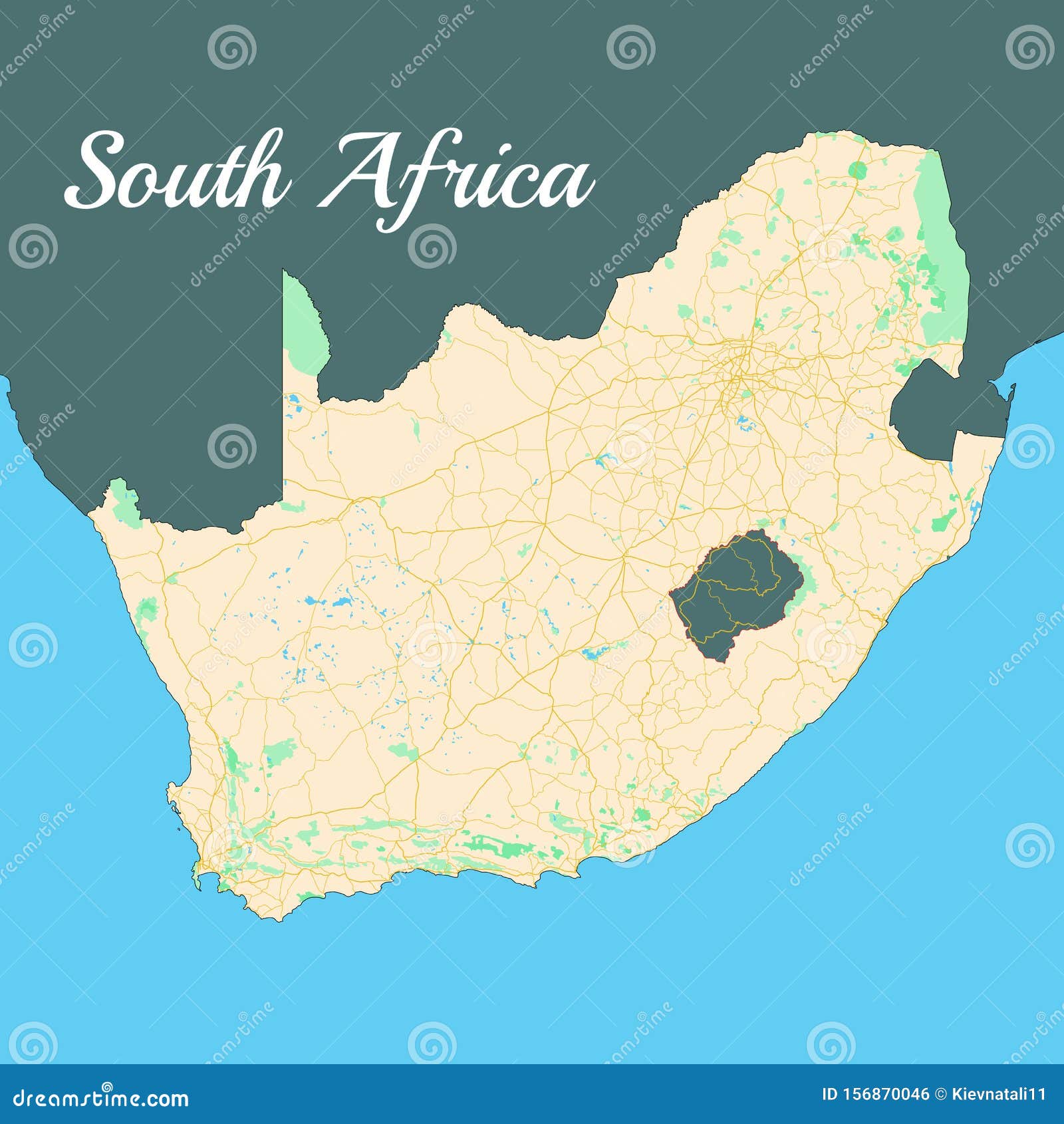 south africa. realistic satellite background map with roads and borderline. drawn with cartographic accuracy.