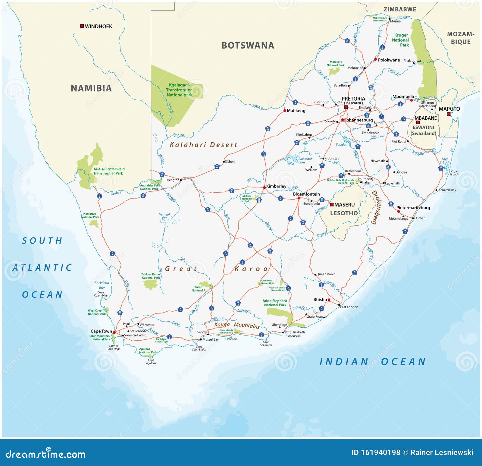 South Africa Road and National Park Map Stock Vector - Illustration of