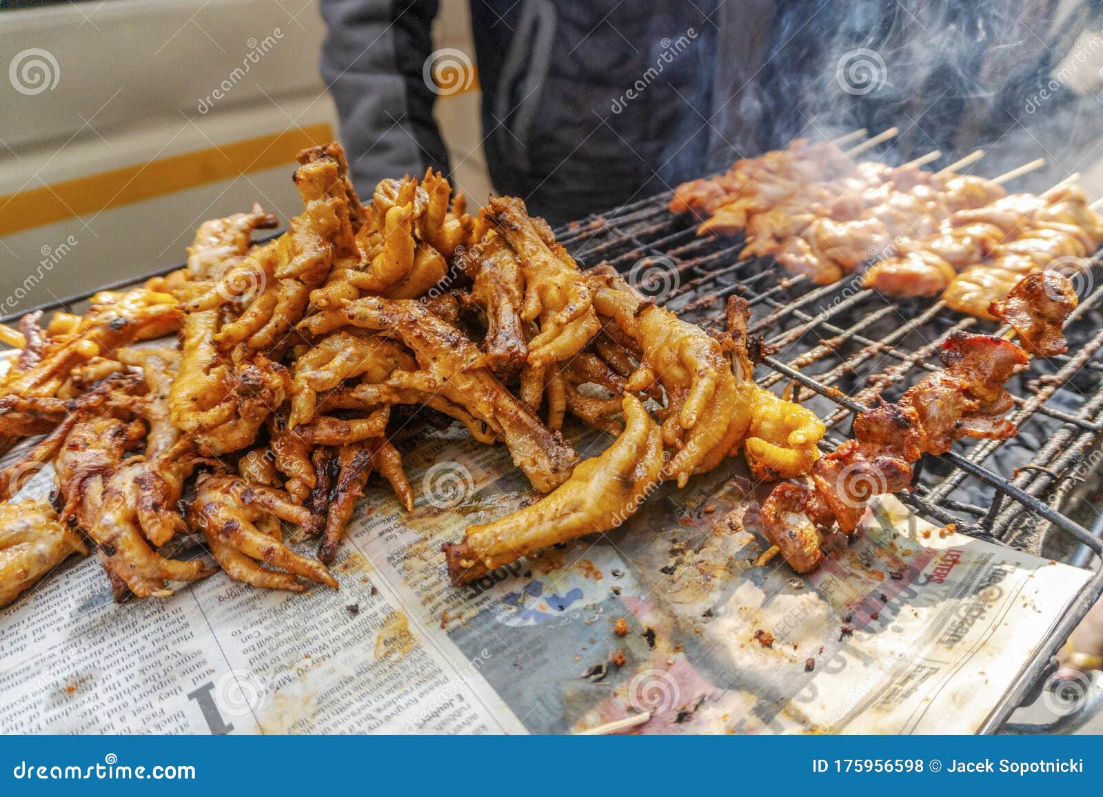 South African Street Food - Barbecued Chicken Skewers and Feet Stock