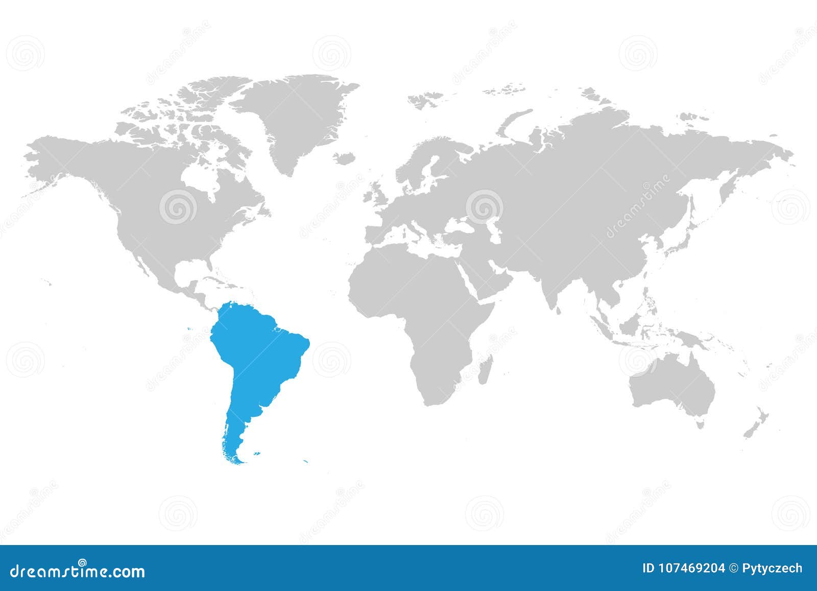 south america continent blue marked in grey silhouette of world map. simple flat  