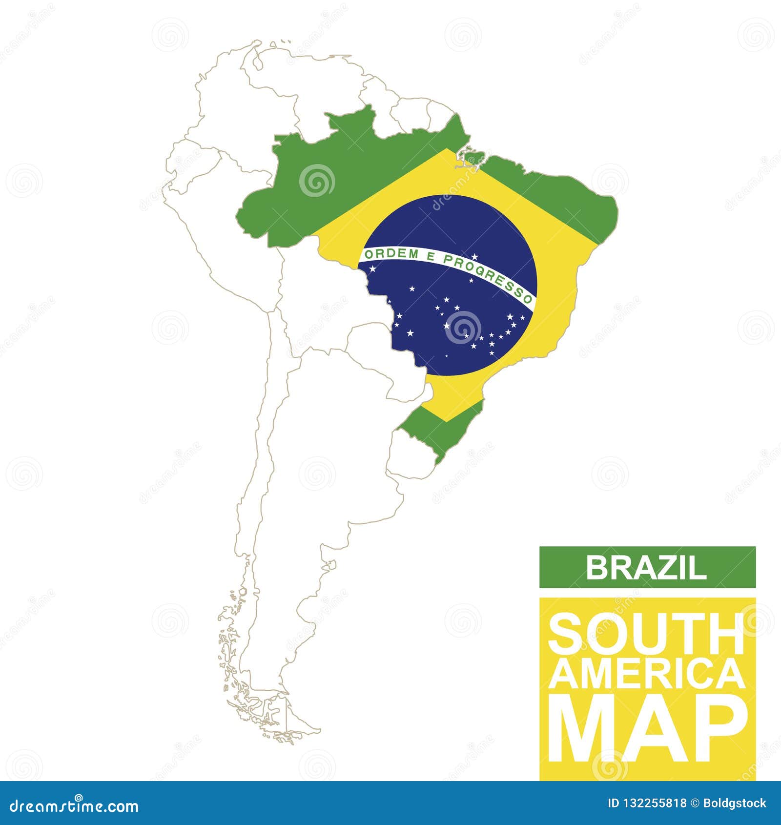 South America Contoured Map With Highlighted Brazil Stock Vector