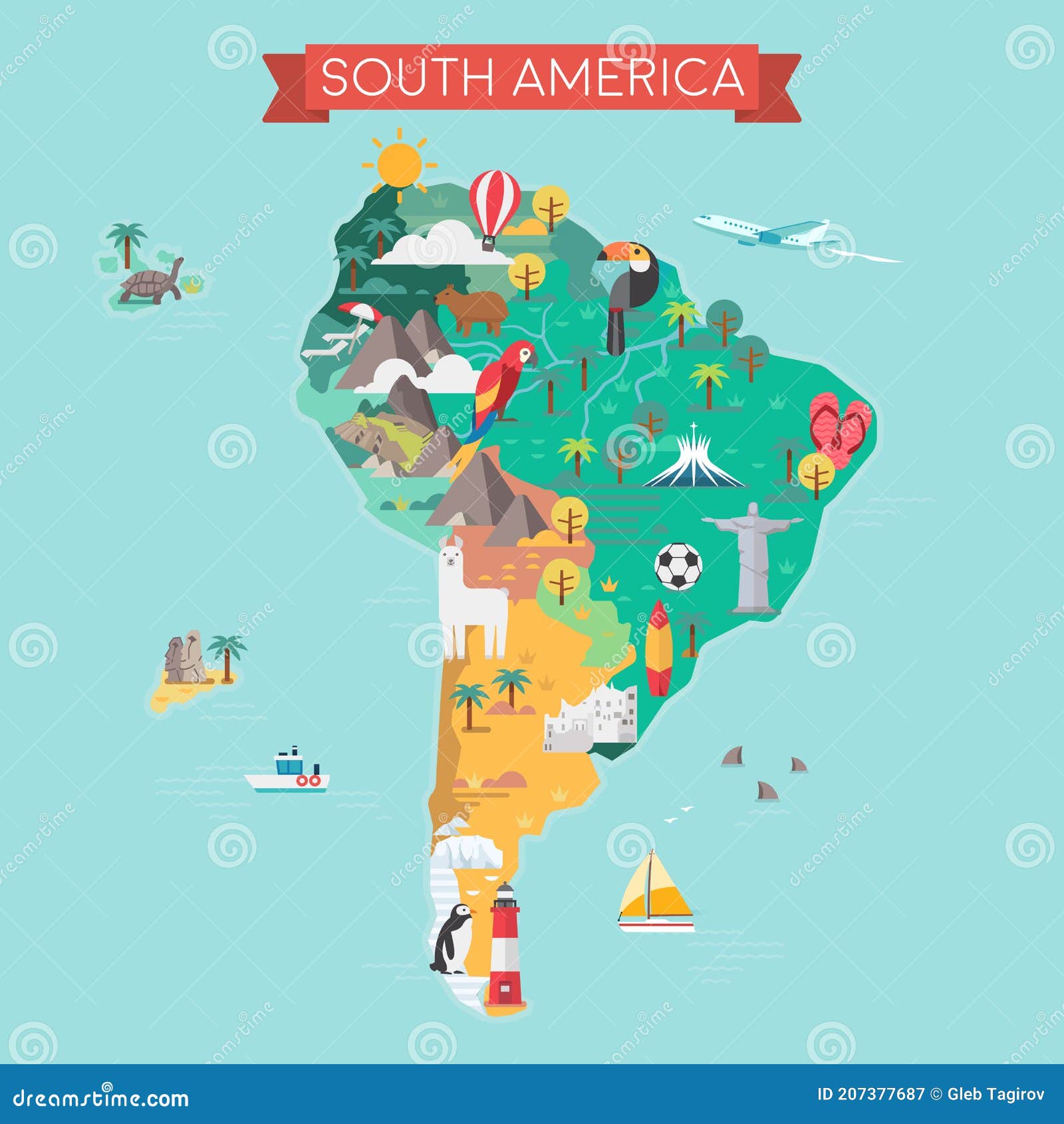 South America tourist map. stock illustration. Illustration of toucan ...