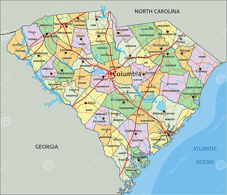 South Carolina - Detailed Editable Political Map with Labeling. Stock