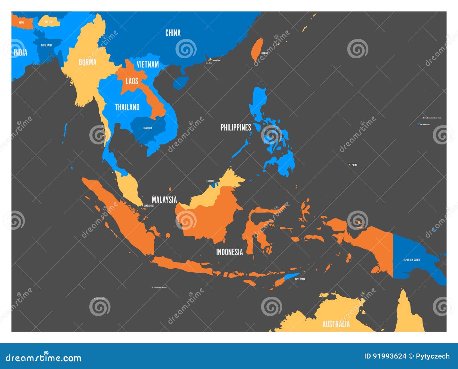 south east asia political map in four colors with white country names labels. simple flat  