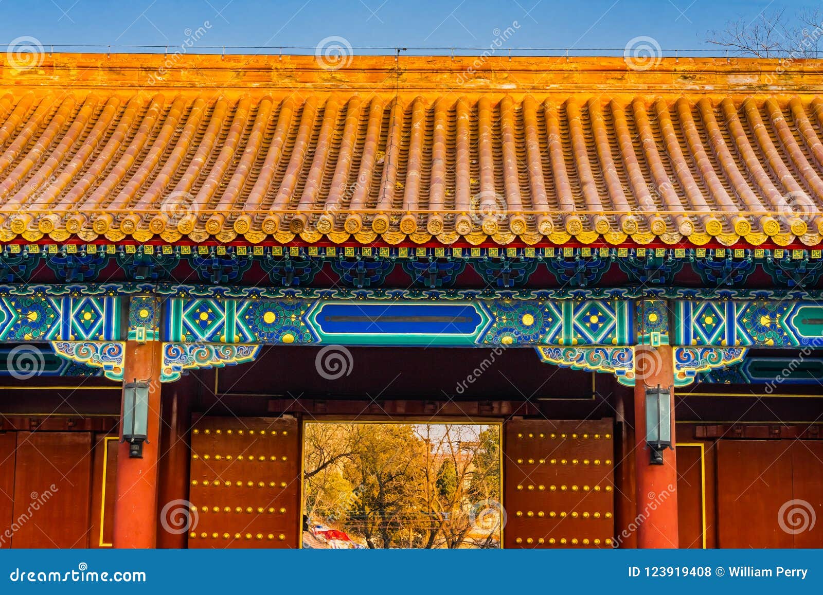 south entrance red gate lions jingshan park beijing china