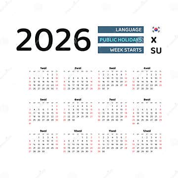 South Korea Calendar 2026. Week Starts from Sunday. Vector Graphic Design Stock Illustration 