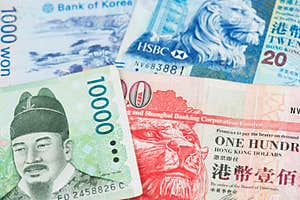 South Korea Won KRW And Hong Kong Dollar HKD Banknotes Stock Image 
