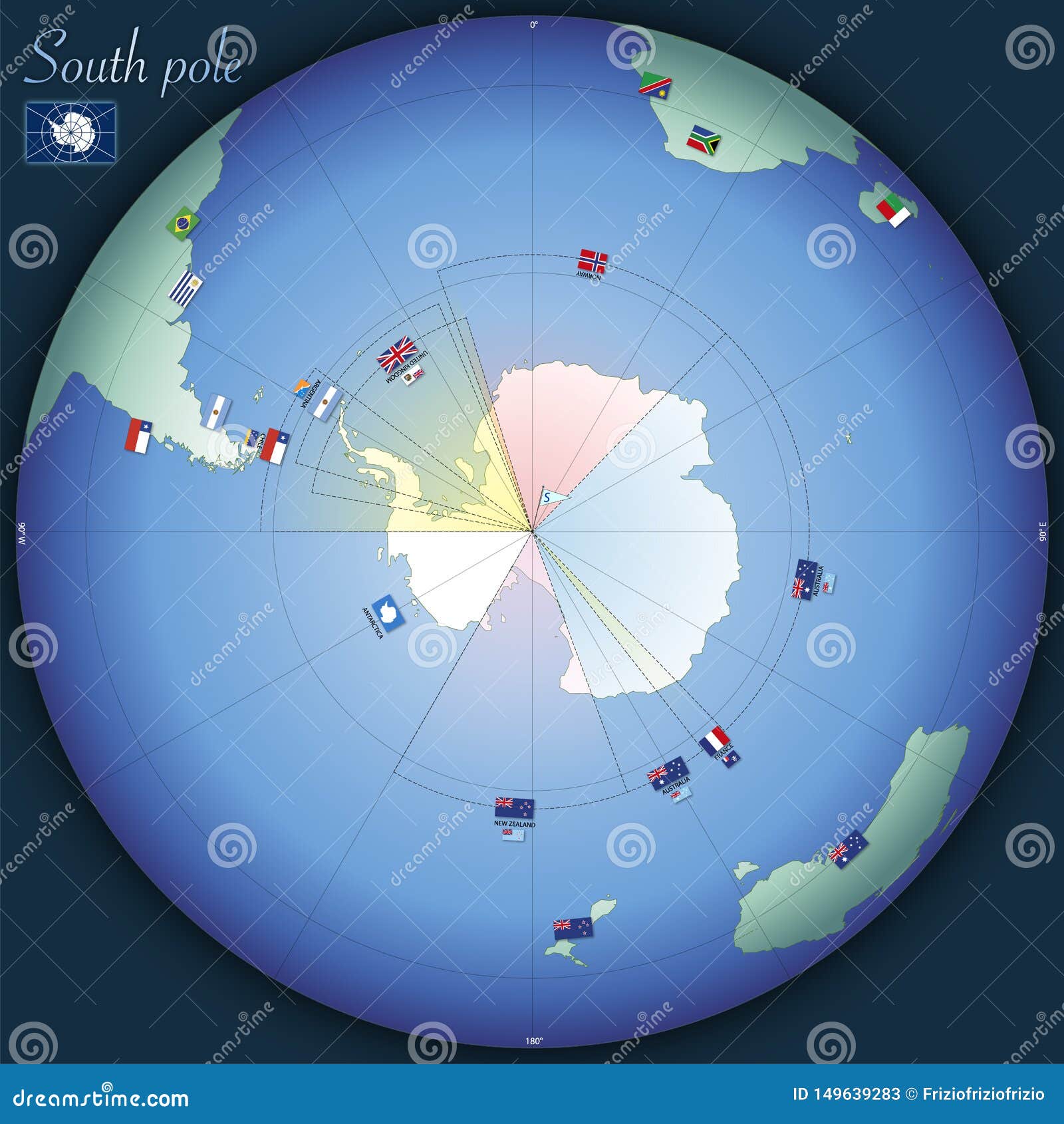 South Pole Global Map with Country Flags Stock Vector - Illustration of