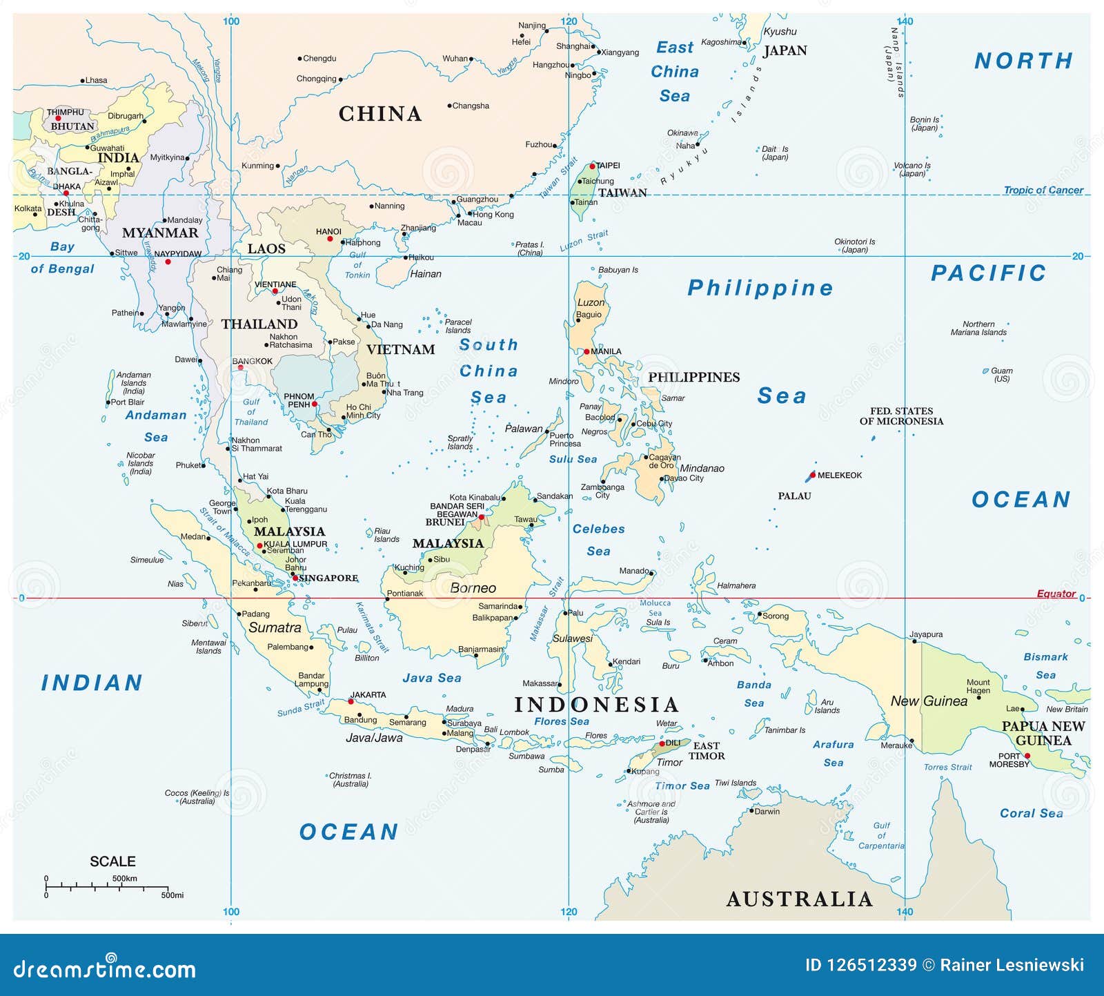 southeast asia  map with coordinates and scale