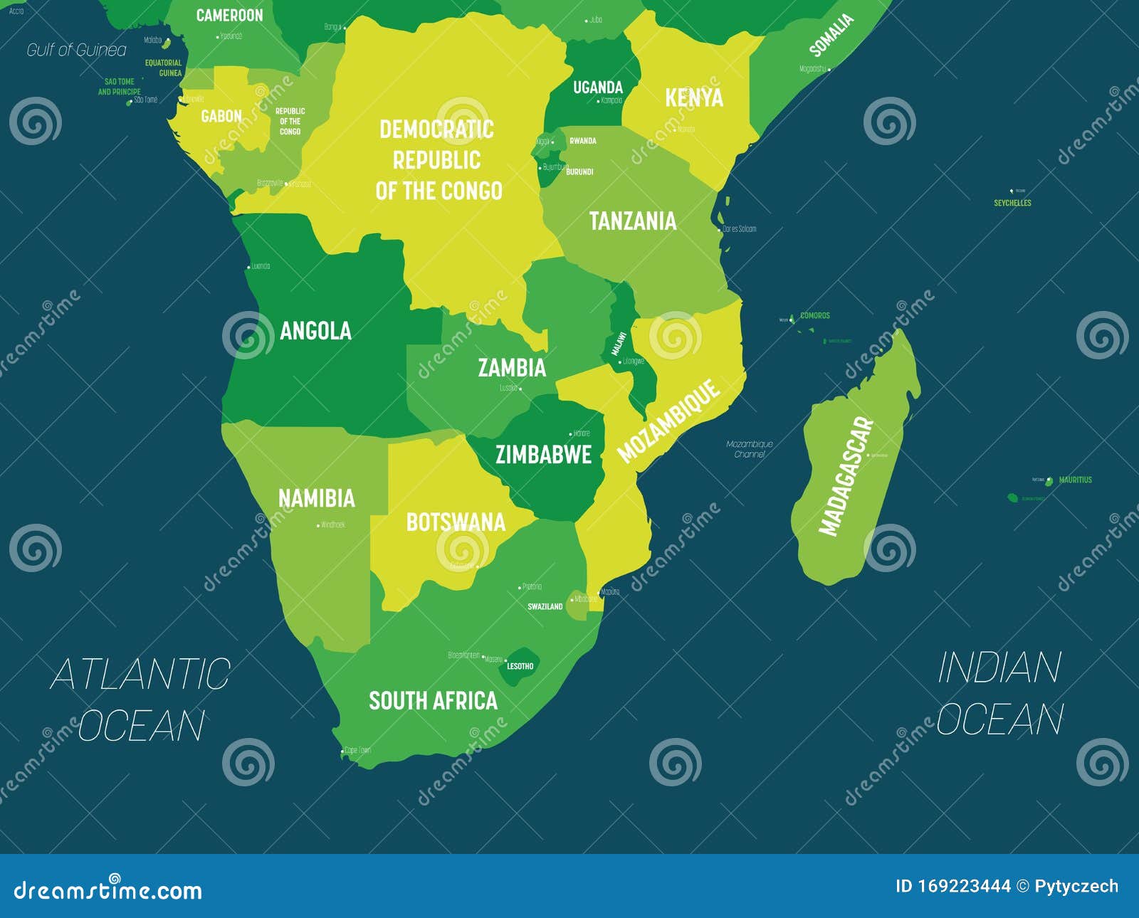 Southern Africa Map Green Hue Colored On Dark Background High