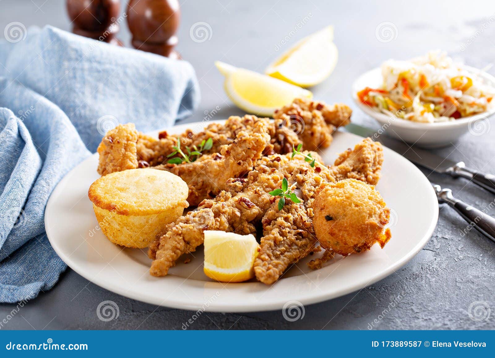 Southern Fried Fish with Cornbread Stock Image Image of lettuce