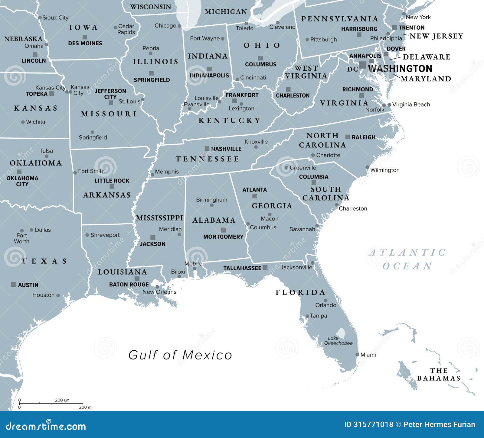 southeast region, the south of the united states, gray political map