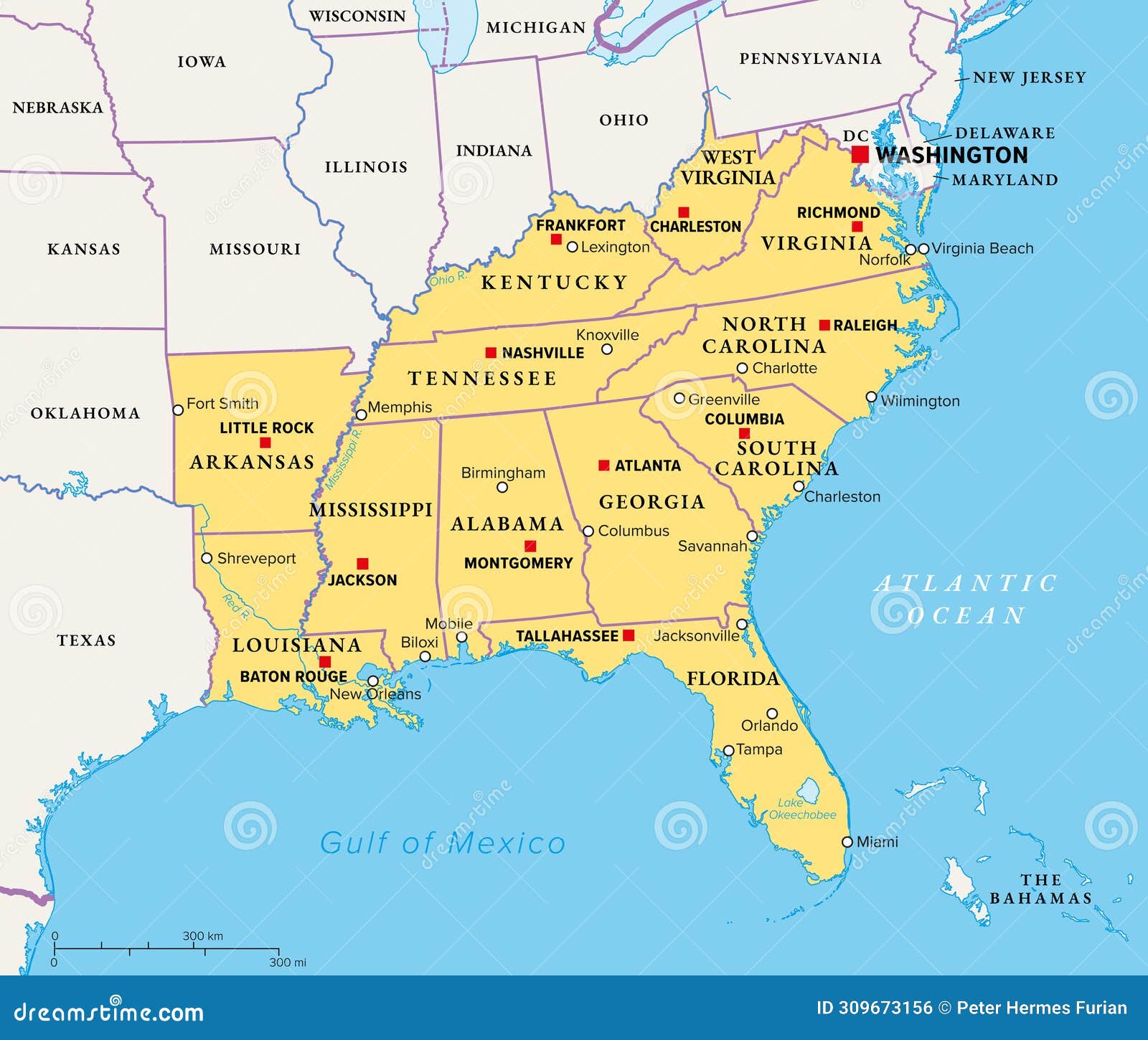 Southeast Region, The South Of The United States, Political Map Vector