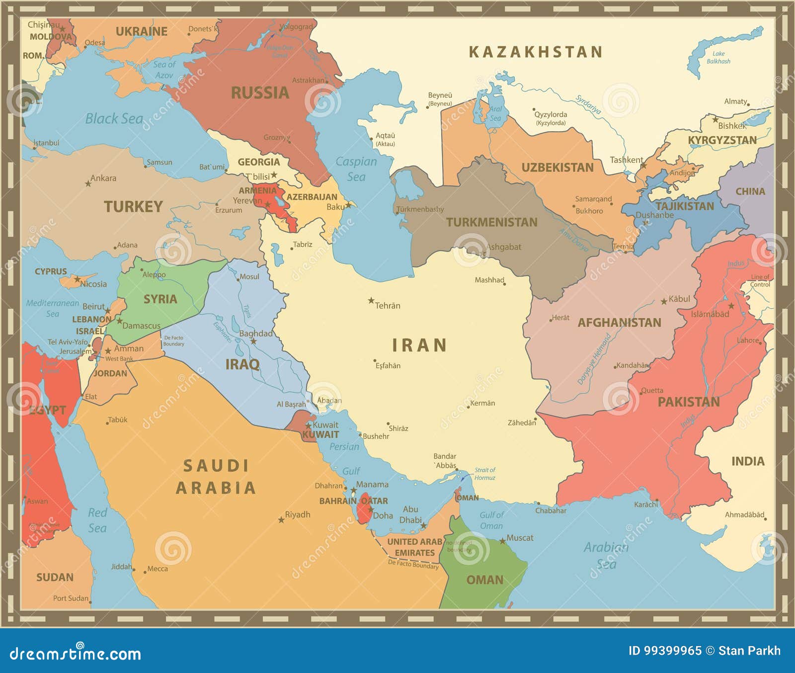 Southwest Asia Map Vintage Color Stock Vector Illustration Of