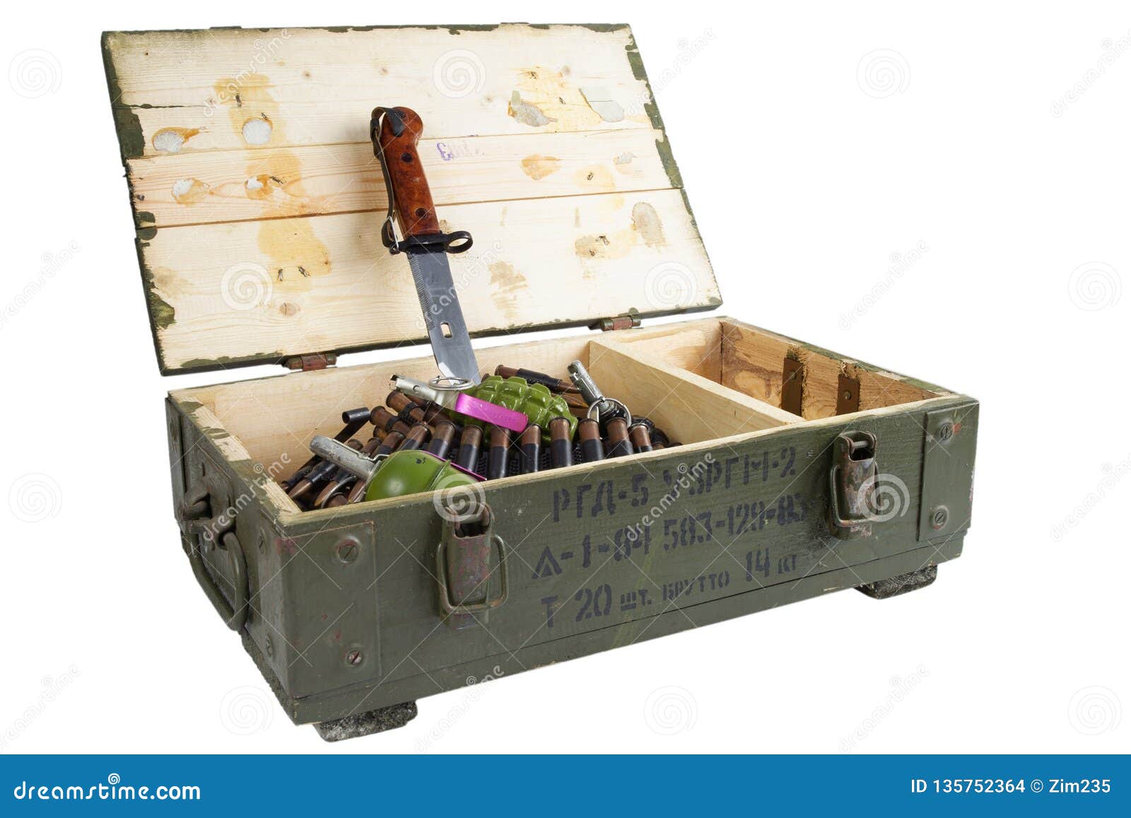 soviet army ammunition box with bayonet. text in russian - type of ammunition (rgd 5 uzrgm - hand grenade), lot number and