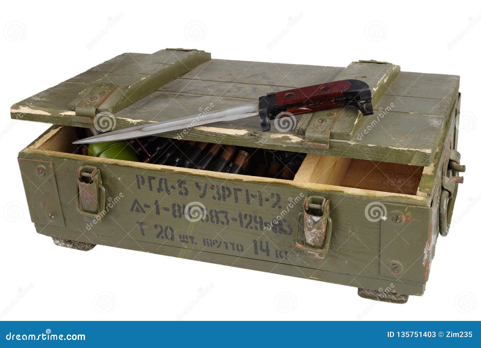 soviet army ammunition box with bayonet. text in russian - type of ammunition (rgd 5 uzrgm - hand grenade), lot number and