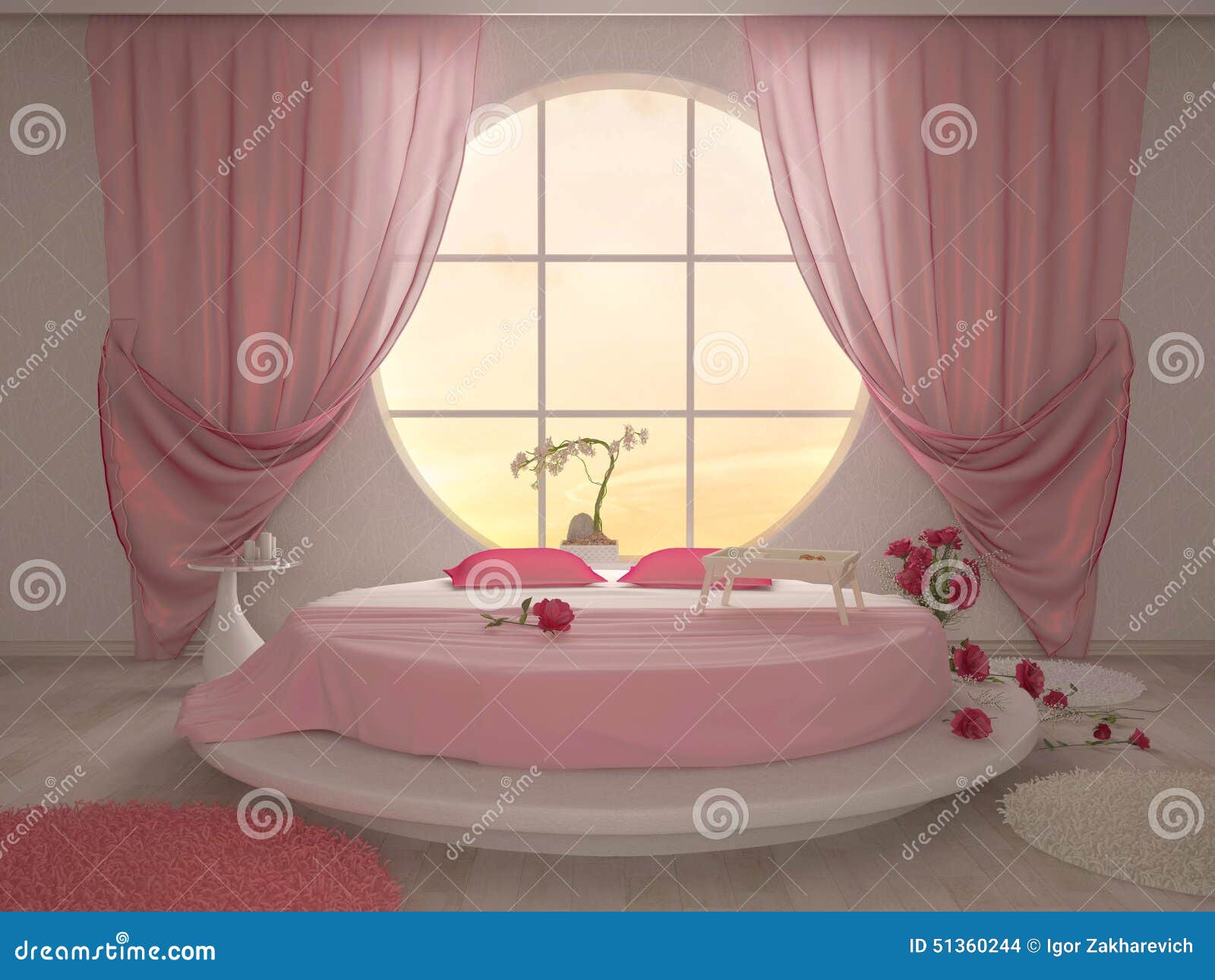 Sovrum med ett runt fönster stock illustrationer bild: 51360244
