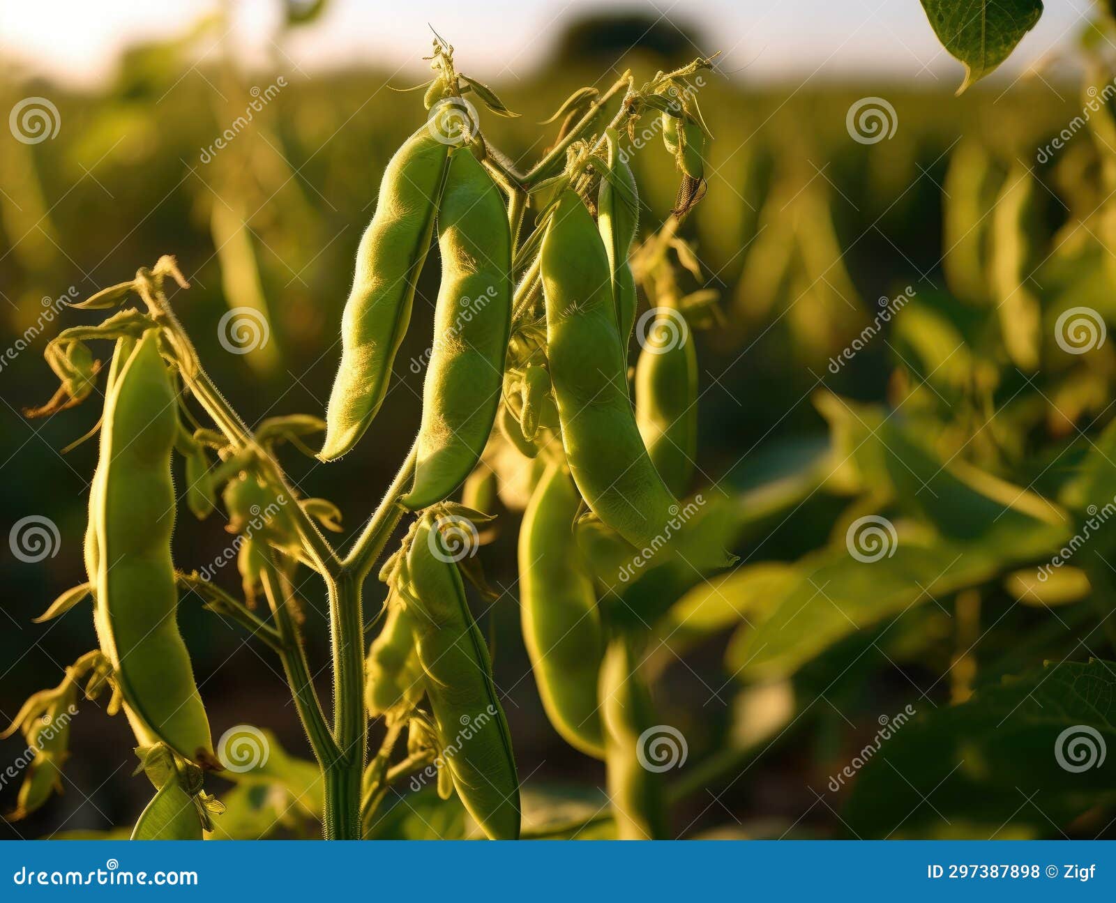 Soy Beans Growing in a Field with the Sun Shining on Them Stock