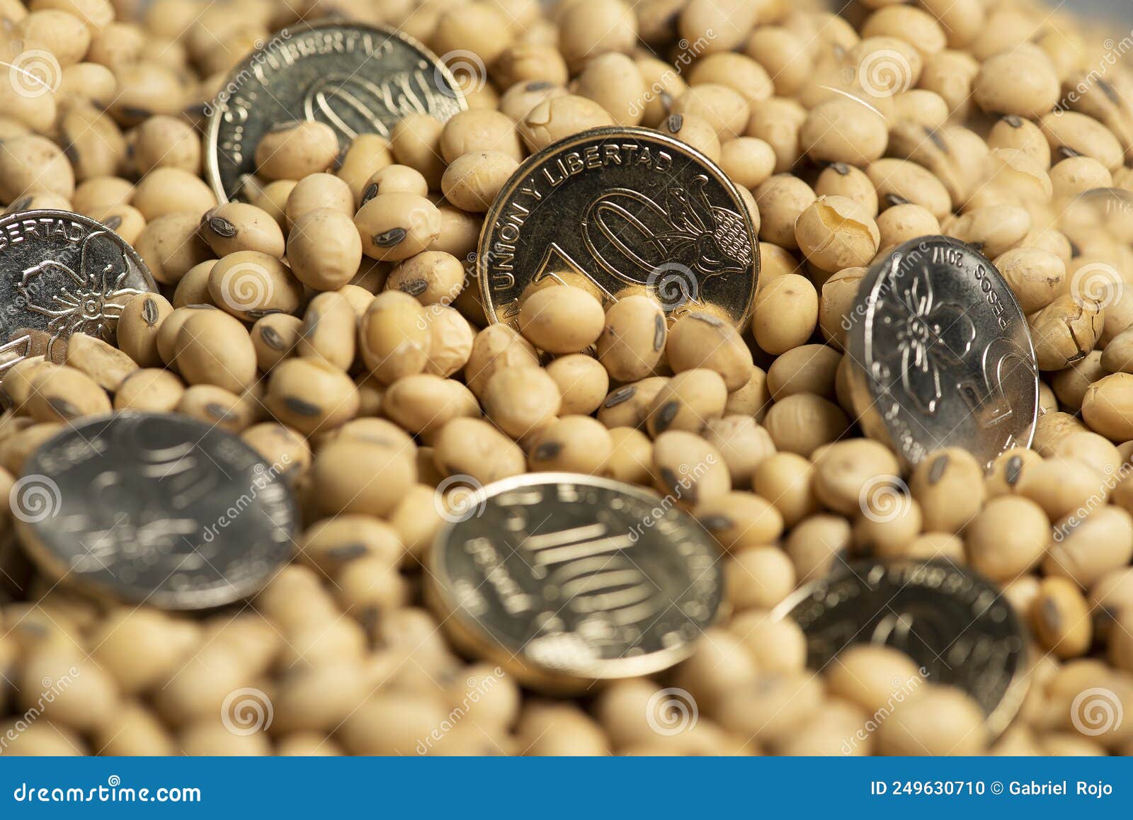 soy beans, with metal money,