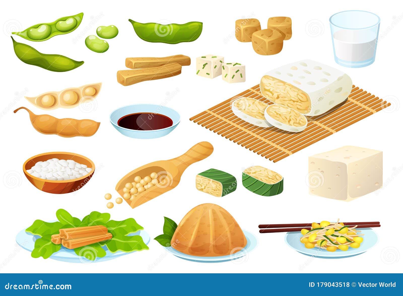 Set Of Soy Bean Products, Including Tofu, Soy Sauce, Soy Milk, Miso