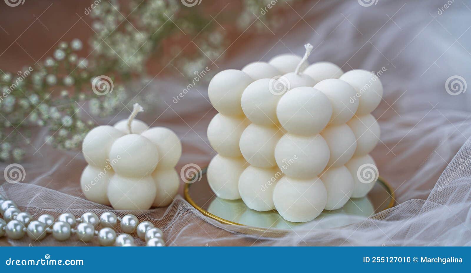 Soy Candles In The Bubble Cube, Sea Shell And Venus Form. Greenery