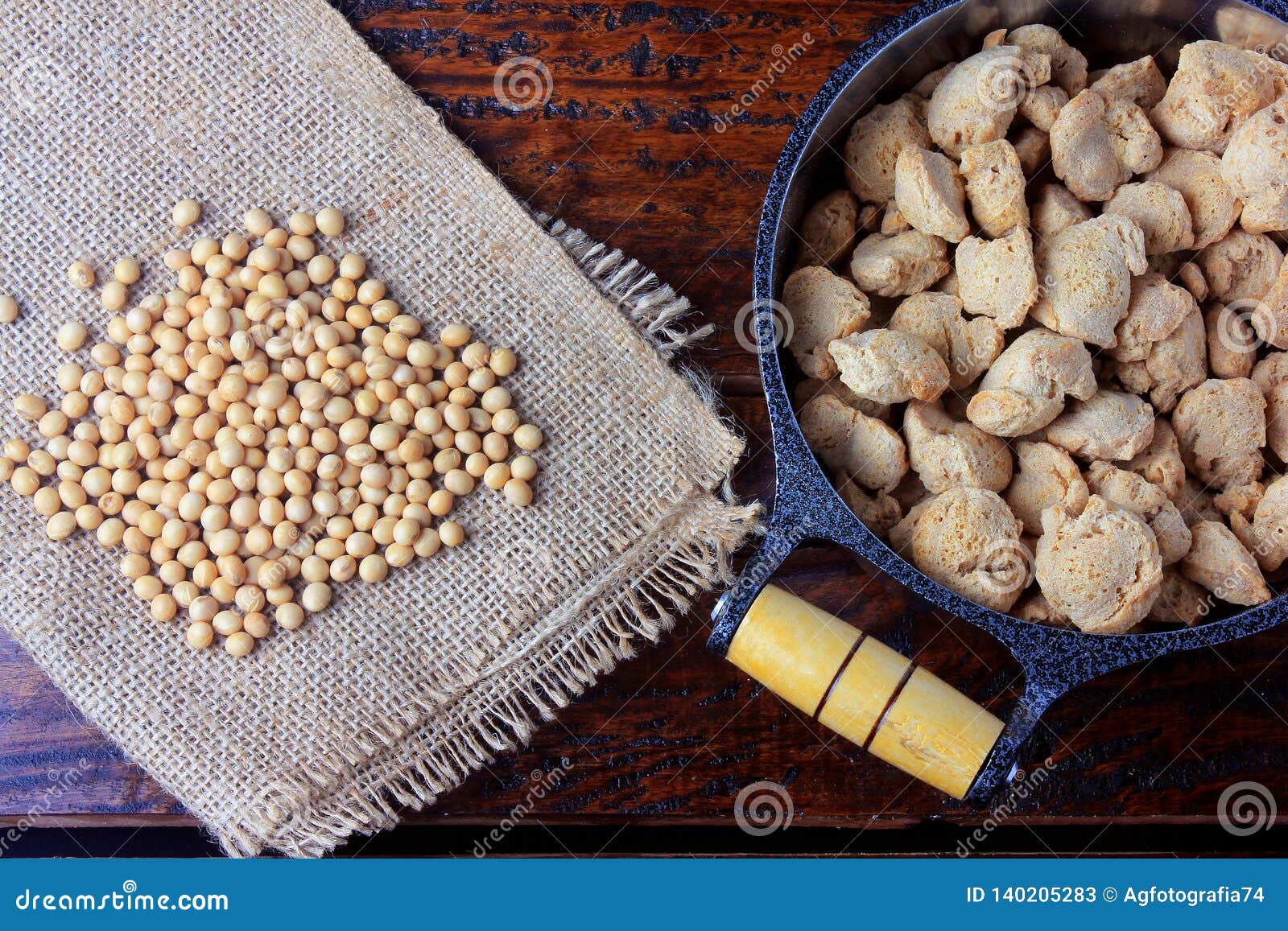 Soybean Meat, Chunks in a Rustic Pan. Raw Soybeans Chunks on Rustic