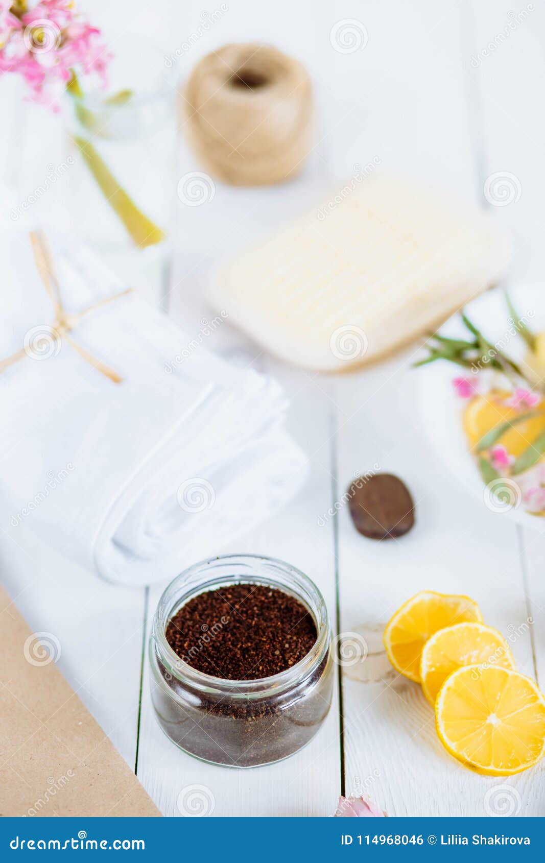 Spa and Bathroom Aromatherapy Accessories with Lemon Stock Photo